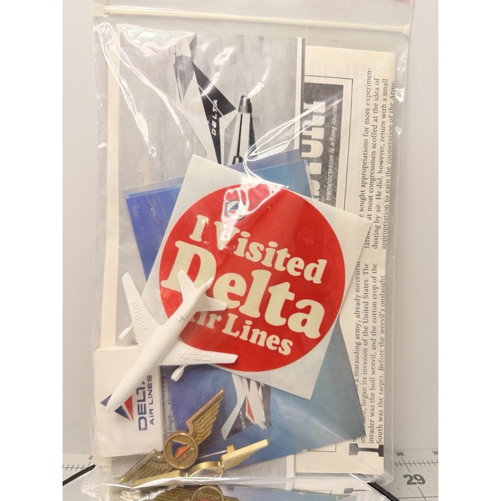Vintage Delta Air Lines Lot Pins Sticker Model Airplane Postcards Booklet 70-80